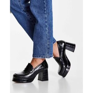 ASOS Design‎ Signature Platform Heeled Loafer Black Croc Size 6